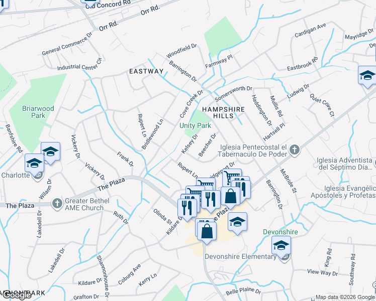 map of restaurants, bars, coffee shops, grocery stores, and more near 5701 Whitingham Drive in Charlotte