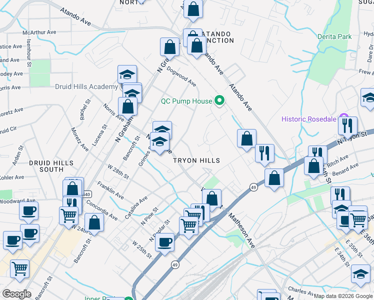 map of restaurants, bars, coffee shops, grocery stores, and more near in Charlotte
