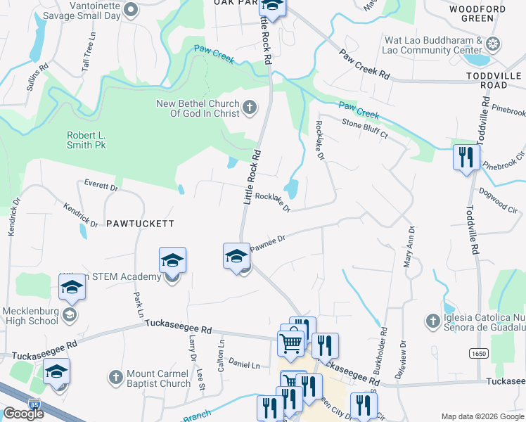 map of restaurants, bars, coffee shops, grocery stores, and more near 1813 Little Rock Road in Charlotte