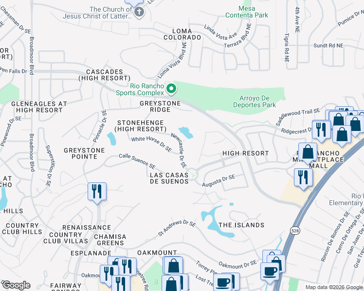 map of restaurants, bars, coffee shops, grocery stores, and more near 3565 Newcastle Drive Southeast in Rio Rancho