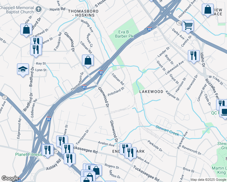 map of restaurants, bars, coffee shops, grocery stores, and more near 730 Pritchard Street in Charlotte