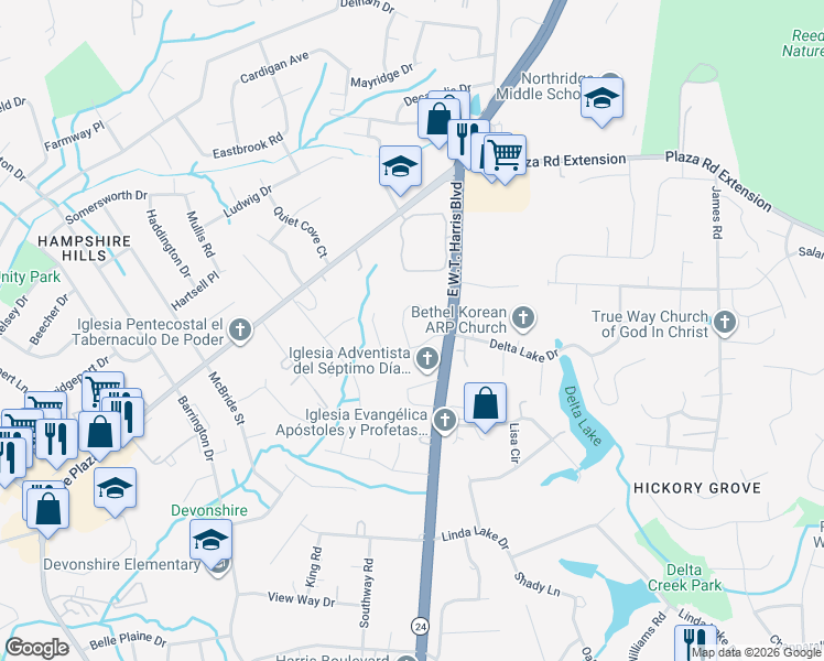 map of restaurants, bars, coffee shops, grocery stores, and more near 6925 Delta Lake Drive in Charlotte