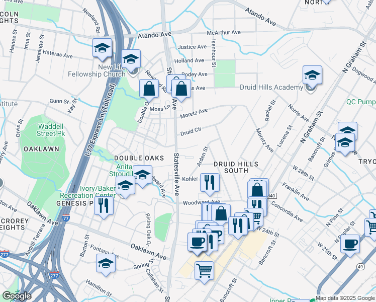 map of restaurants, bars, coffee shops, grocery stores, and more near 1127 Mona Drive in Charlotte