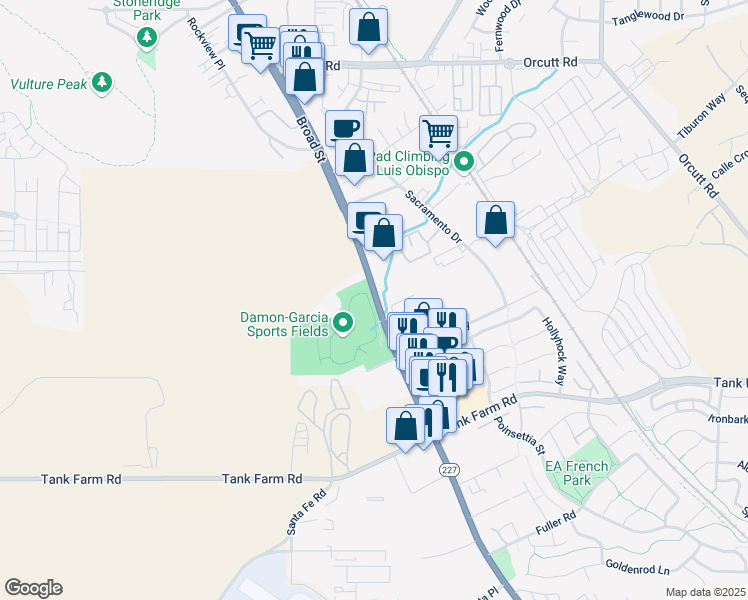 map of restaurants, bars, coffee shops, grocery stores, and more near 3682 Broad Street in San Luis Obispo