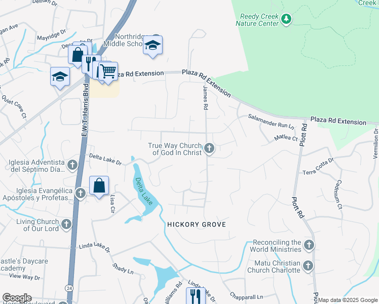map of restaurants, bars, coffee shops, grocery stores, and more near 8618 Herons Pond Court in Charlotte
