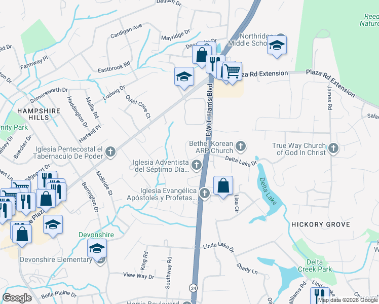 map of restaurants, bars, coffee shops, grocery stores, and more near 6925 Delta Lake Drive in Charlotte