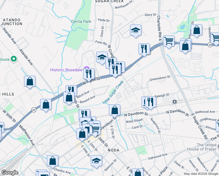 map of restaurants, bars, coffee shops, grocery stores, and more near in Charlotte
