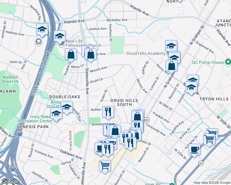 map of restaurants, bars, coffee shops, grocery stores, and more near in Charlotte