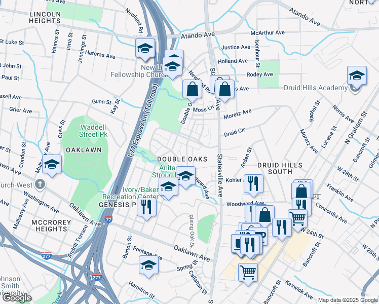 map of restaurants, bars, coffee shops, grocery stores, and more near 1248 Badger Court in Charlotte