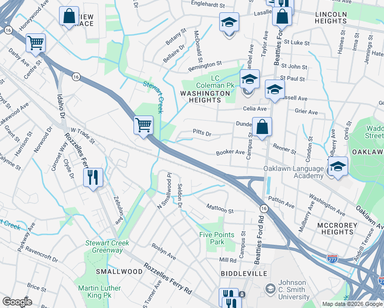 map of restaurants, bars, coffee shops, grocery stores, and more near 2533 Booker Avenue in Charlotte