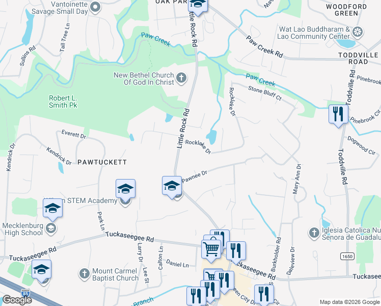 map of restaurants, bars, coffee shops, grocery stores, and more near 1813 Little Rock Road in Charlotte