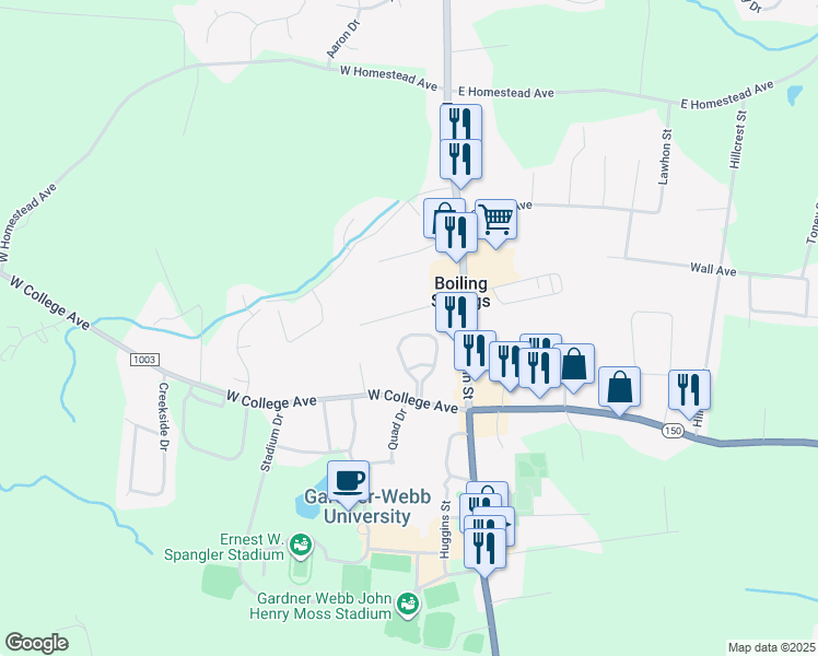 map of restaurants, bars, coffee shops, grocery stores, and more near 115 Green Avenue in Shelby