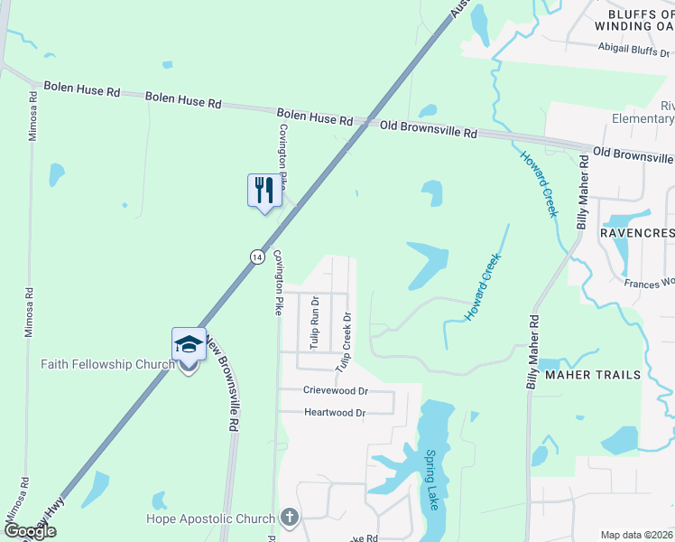 map of restaurants, bars, coffee shops, grocery stores, and more near 4662 Tulip Creek Drive in Memphis