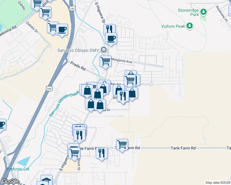 map of restaurants, bars, coffee shops, grocery stores, and more near 3474 Empresa Drive in San Luis Obispo