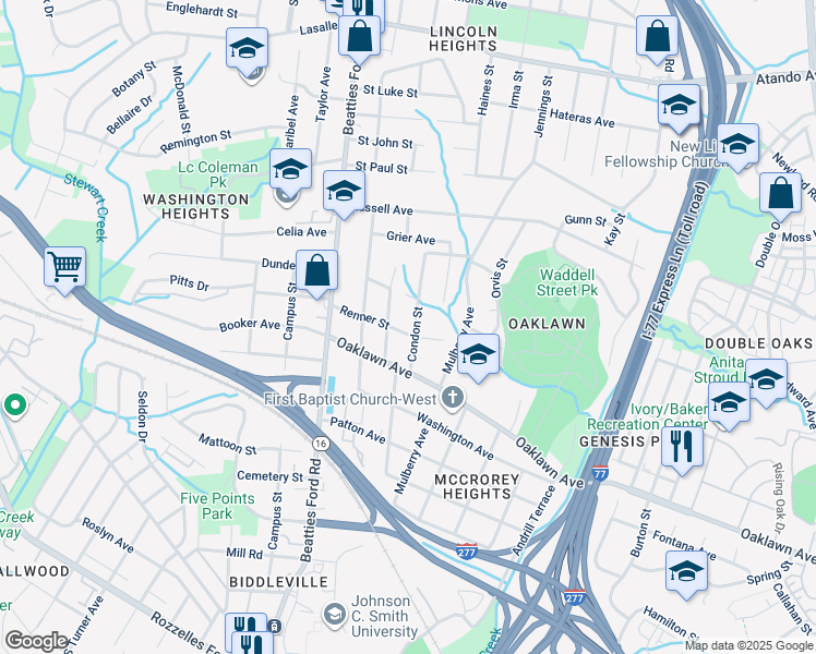 map of restaurants, bars, coffee shops, grocery stores, and more near 2004 Renner Street in Charlotte