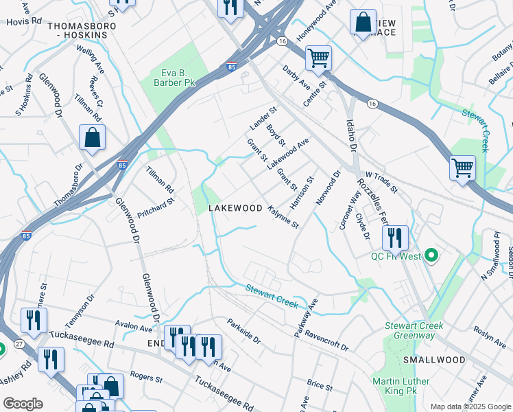 map of restaurants, bars, coffee shops, grocery stores, and more near 415 Jones Street in Charlotte