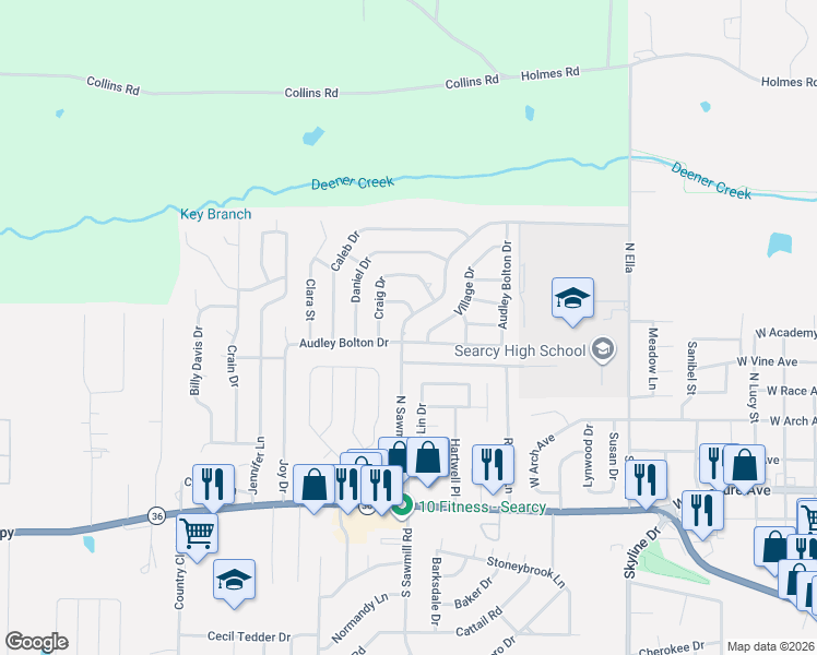 map of restaurants, bars, coffee shops, grocery stores, and more near 303 North Sawmill Road in Searcy