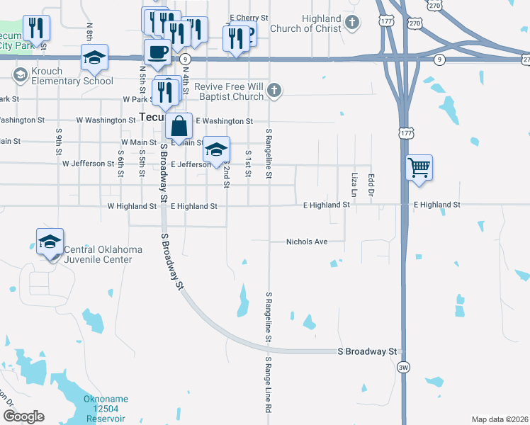 map of restaurants, bars, coffee shops, grocery stores, and more near 602 East Highland Street in Tecumseh