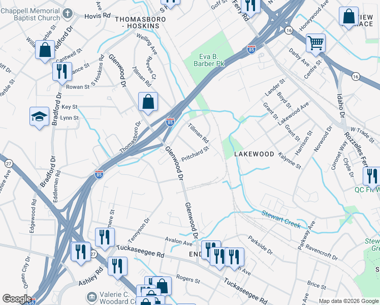 map of restaurants, bars, coffee shops, grocery stores, and more near 730 Pritchard Street in Charlotte