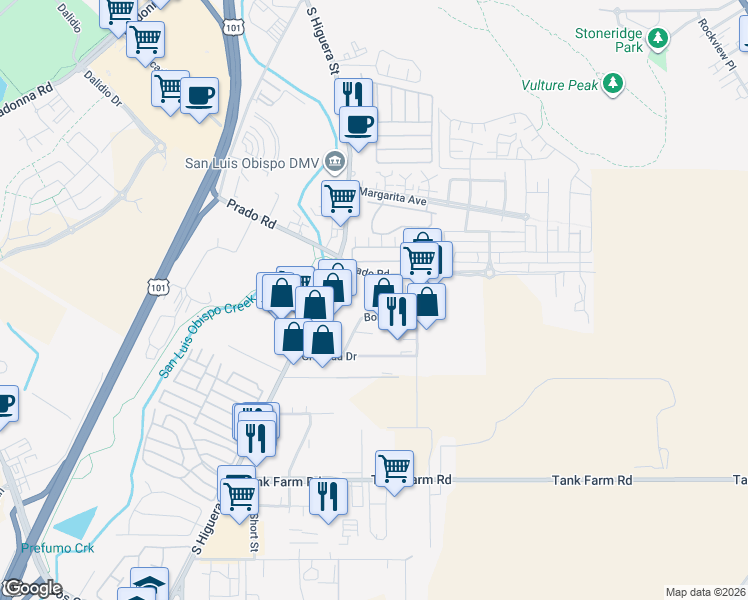 map of restaurants, bars, coffee shops, grocery stores, and more near 3474 Empresa Drive in San Luis Obispo