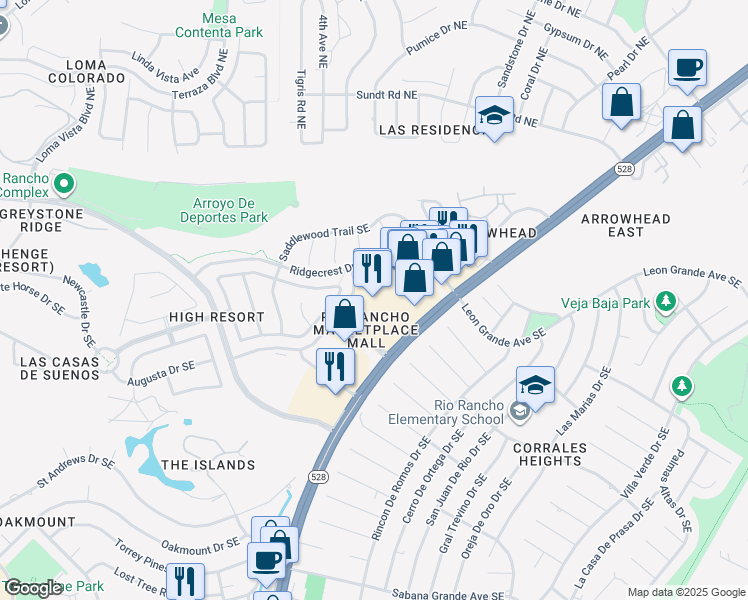 map of restaurants, bars, coffee shops, grocery stores, and more near 4225 Crestview Drive Southeast in Rio Rancho
