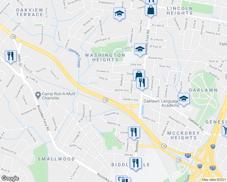 map of restaurants, bars, coffee shops, grocery stores, and more near Booker Avenue in Charlotte