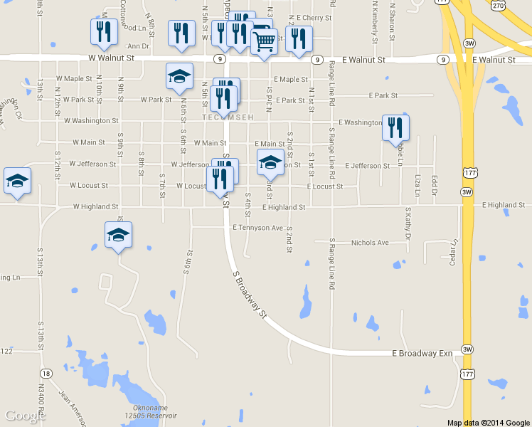 map of restaurants, bars, coffee shops, grocery stores, and more near 216 East Highland Street in Tecumseh