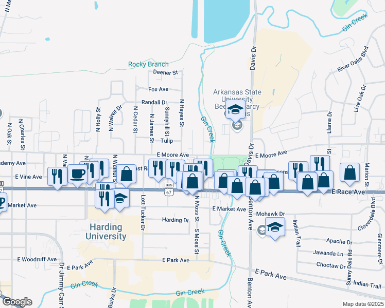 map of restaurants, bars, coffee shops, grocery stores, and more near 609 Colonial Heights Street in Searcy
