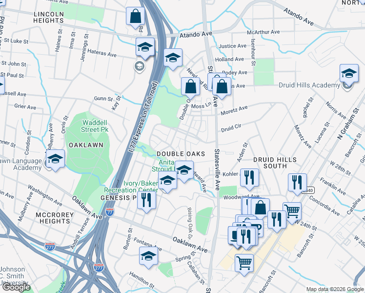 map of restaurants, bars, coffee shops, grocery stores, and more near 3257 Bending Birch Place in Charlotte
