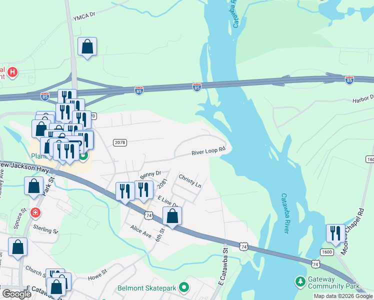 map of restaurants, bars, coffee shops, grocery stores, and more near 201 River Loop Road in Belmont