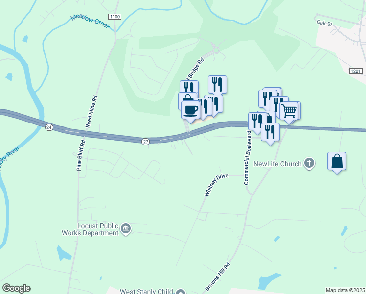 map of restaurants, bars, coffee shops, grocery stores, and more near 6780 North Carolina 24 in Midland