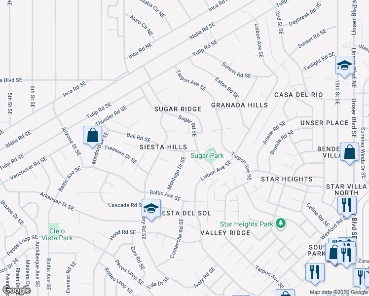 map of restaurants, bars, coffee shops, grocery stores, and more near 1205 Bali Road Southeast in Rio Rancho