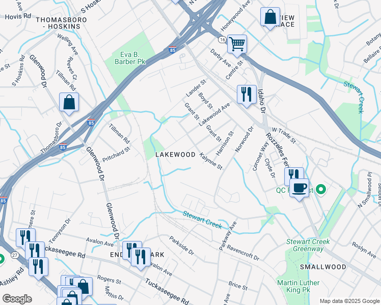 map of restaurants, bars, coffee shops, grocery stores, and more near 415 Jones Street in Charlotte