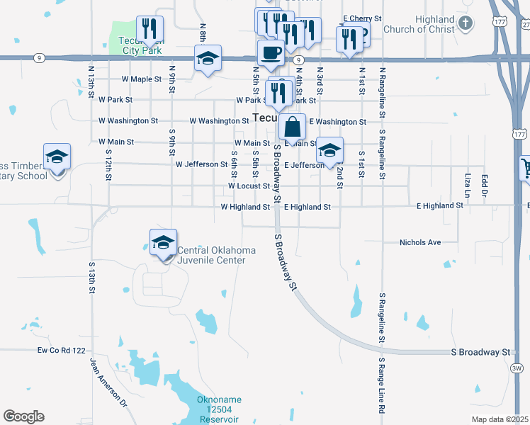 map of restaurants, bars, coffee shops, grocery stores, and more near 120 West Highland Street in Tecumseh