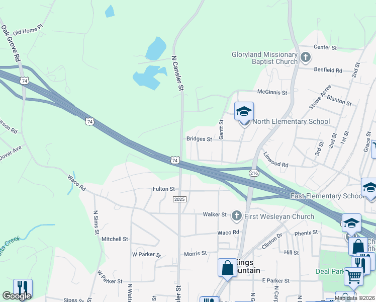 map of restaurants, bars, coffee shops, grocery stores, and more near 705 Lackey Street in Kings Mountain