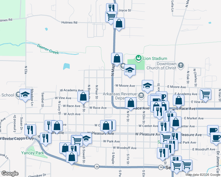 map of restaurants, bars, coffee shops, grocery stores, and more near 602 North Hickory Street in Searcy