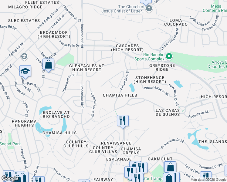 map of restaurants, bars, coffee shops, grocery stores, and more near 3236 Greystone Court Southeast in Rio Rancho