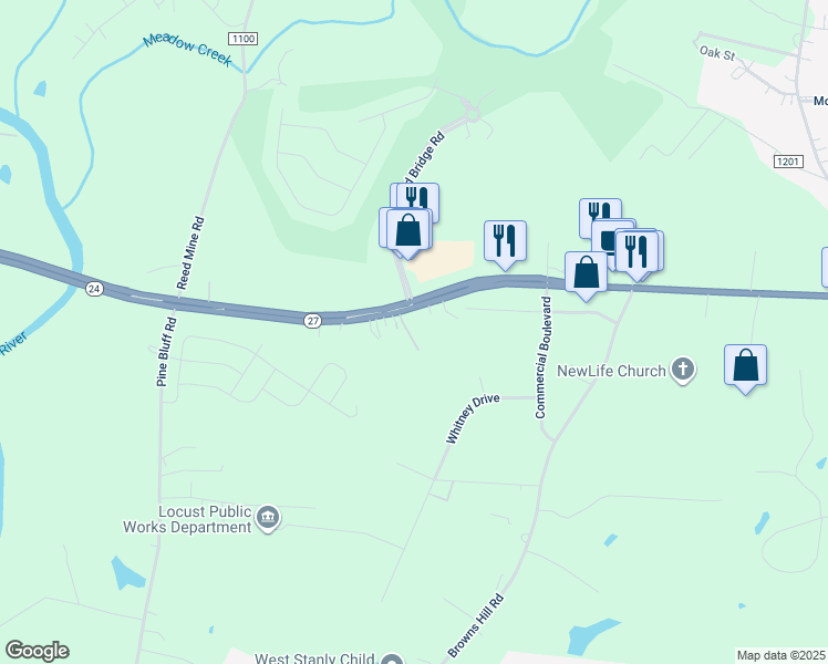 map of restaurants, bars, coffee shops, grocery stores, and more near 6780 North Carolina 24 in Midland