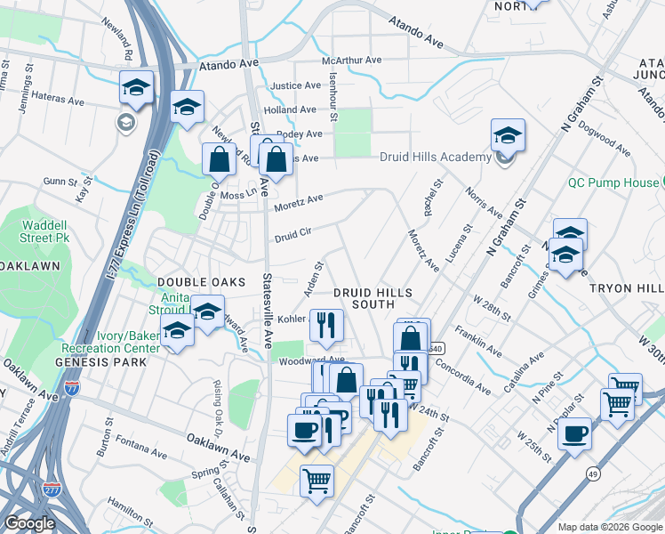 map of restaurants, bars, coffee shops, grocery stores, and more near 2321 Arden Street in Charlotte