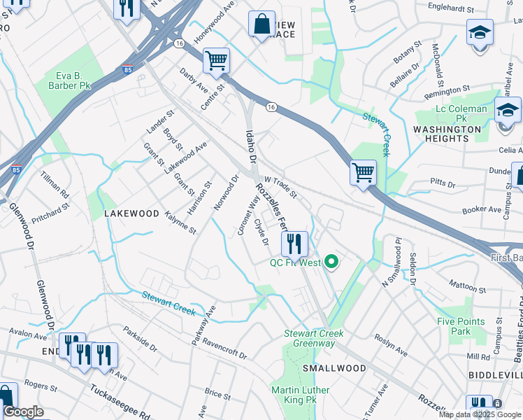 map of restaurants, bars, coffee shops, grocery stores, and more near in Charlotte