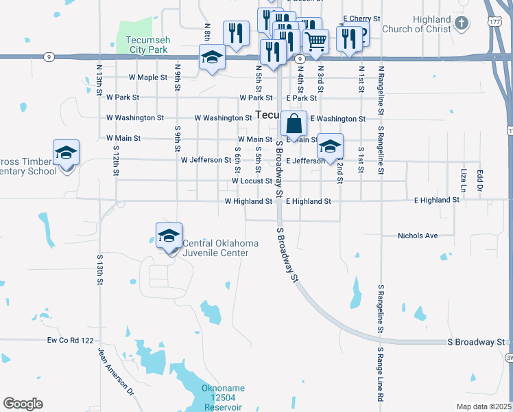 map of restaurants, bars, coffee shops, grocery stores, and more near 120 West Highland Street in Tecumseh