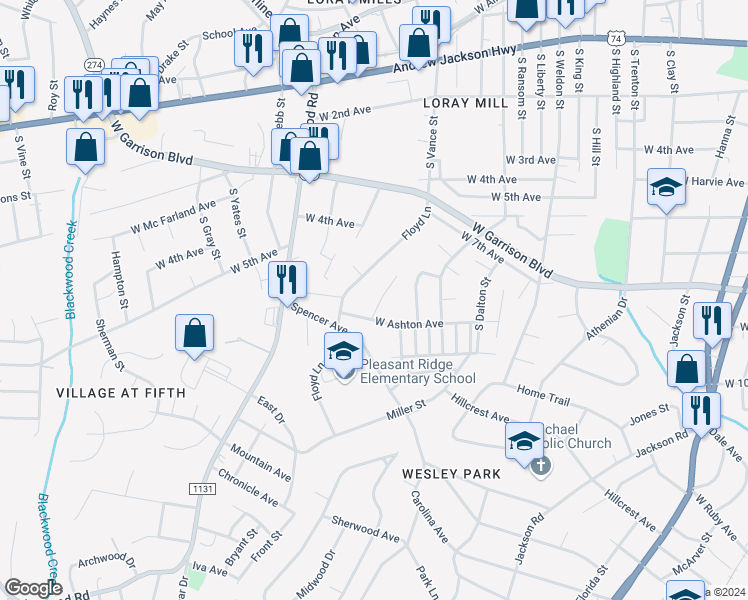 map of restaurants, bars, coffee shops, grocery stores, and more near 843 Millon Street in Gastonia