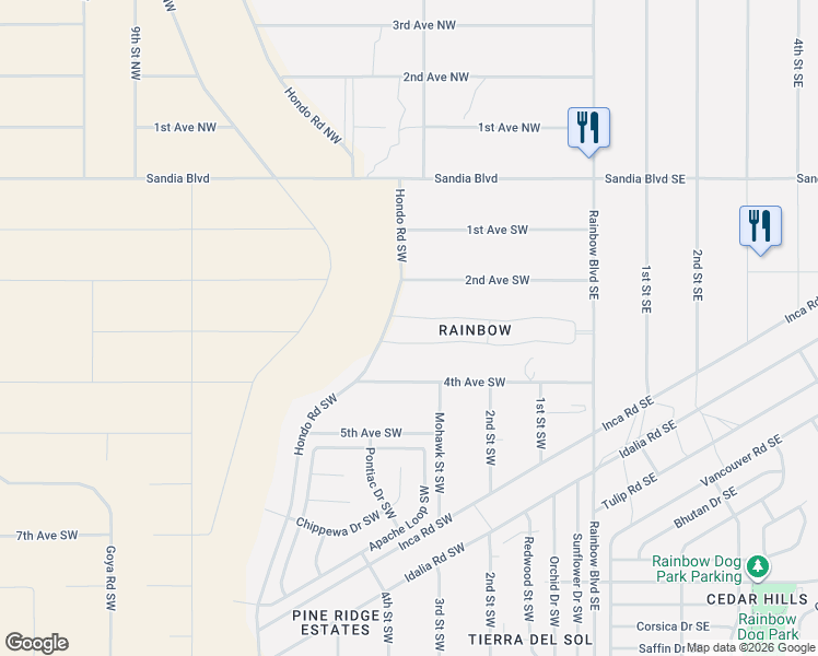 map of restaurants, bars, coffee shops, grocery stores, and more near 321 4th Avenue Northeast in Rio Rancho