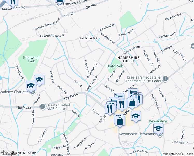 map of restaurants, bars, coffee shops, grocery stores, and more near 5613 Rupert Lane in Charlotte
