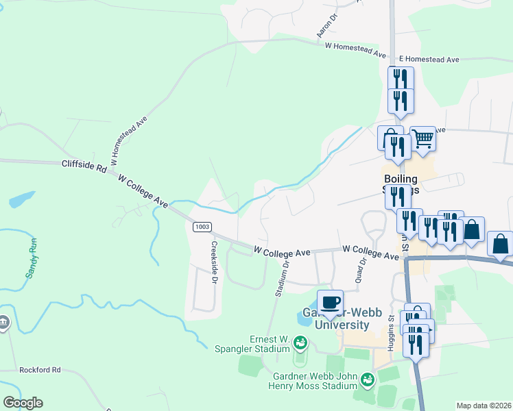 map of restaurants, bars, coffee shops, grocery stores, and more near 131 College Manor Drive in Shelby