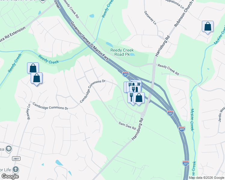 map of restaurants, bars, coffee shops, grocery stores, and more near 8135 Cambridge Commons Drive in Charlotte
