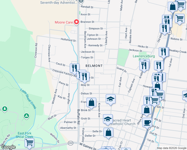 map of restaurants, bars, coffee shops, grocery stores, and more near 302 Hoover Street in Lawrenceburg