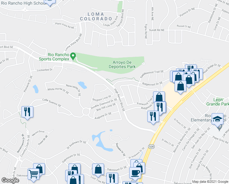 map of restaurants, bars, coffee shops, grocery stores, and more near 3832 Spyglass Loop Southeast in Rio Rancho