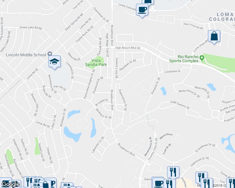 map of restaurants, bars, coffee shops, grocery stores, and more near 620 Hermit Falls Drive Southeast in Rio Rancho