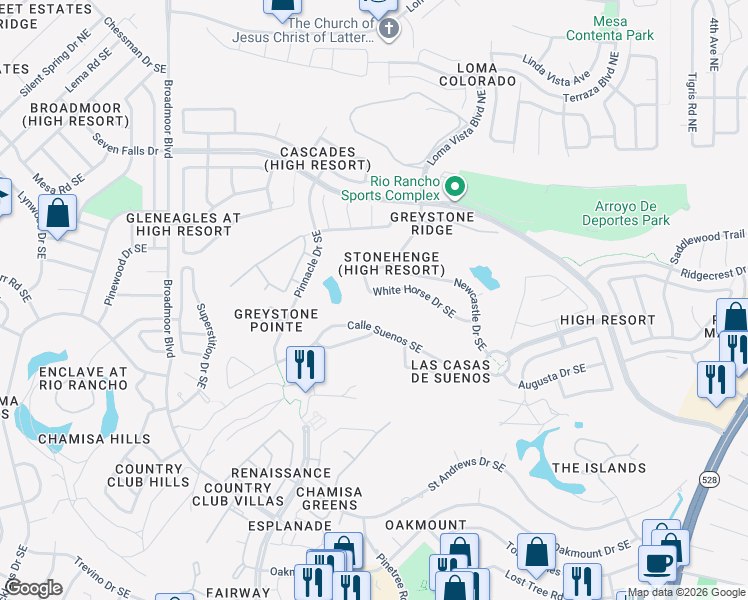 map of restaurants, bars, coffee shops, grocery stores, and more near 3498 White Horse Drive Southeast in Rio Rancho